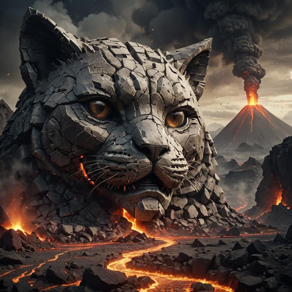 Create a scene where a colossal, fragmented stone cat face e...