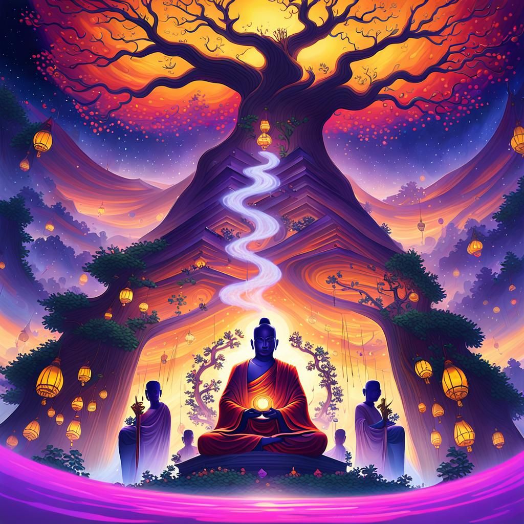 Monks Seeking Enlightenment Under Bodhi Tree: Oil Painting