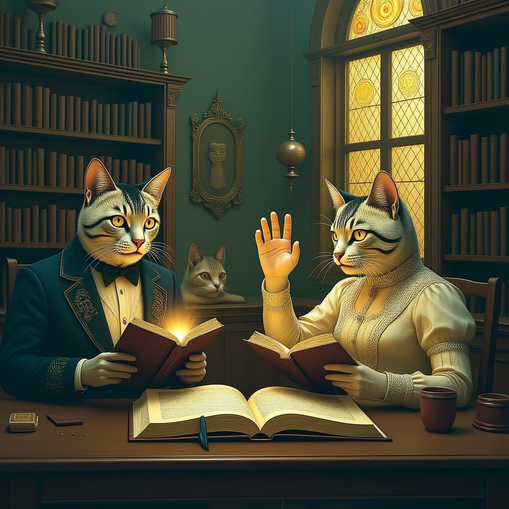 The Poetry Reading : <lora:AnthroCat:1.0> A whimsical scene of anthropomorphic cats gathered in a dimly lit, enchanted library, each wearing elaborate Victorian-...