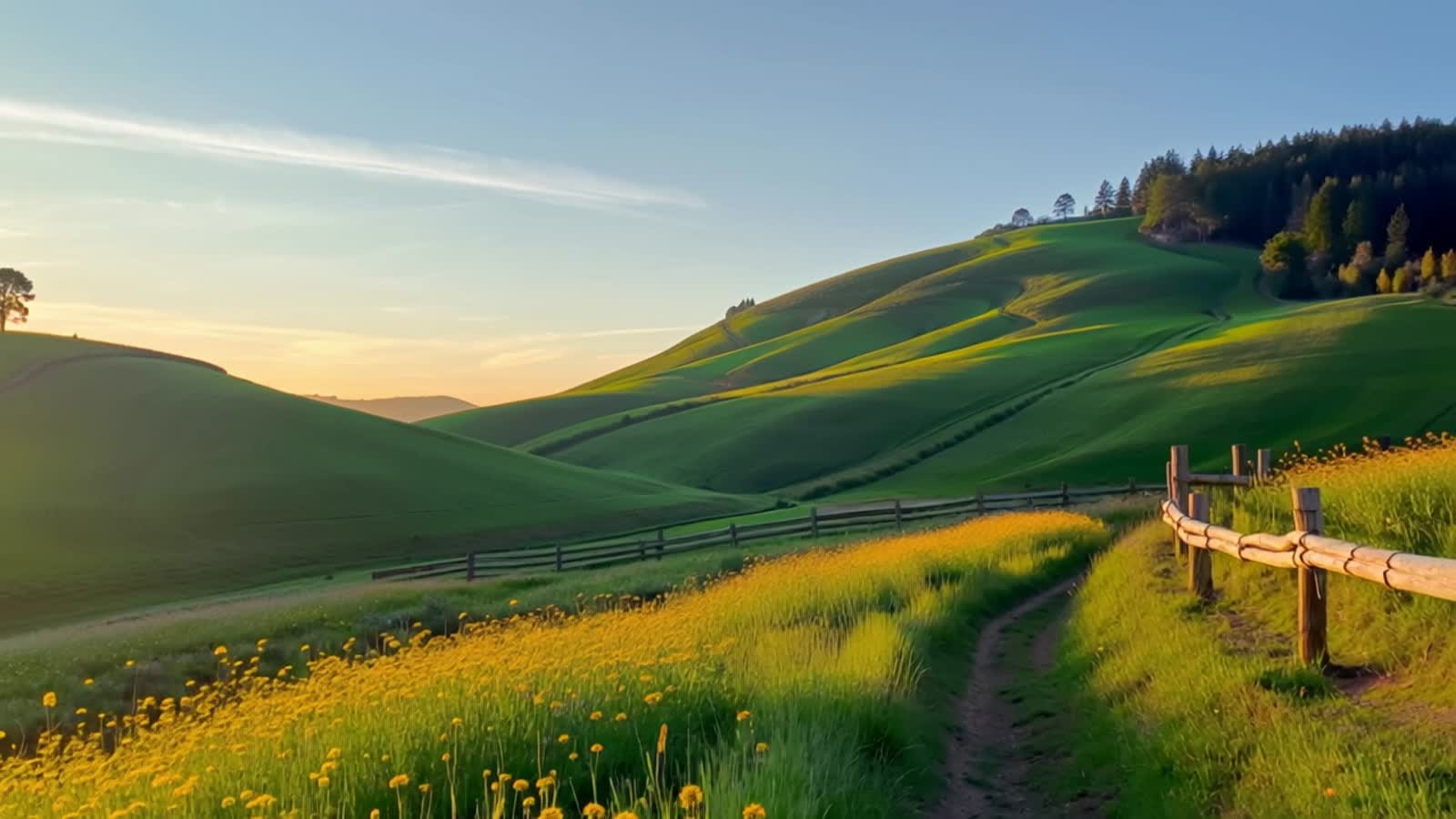 A realistic photograph of a calm countryside landscape at sunrise. Golden rays of light shine over rolling green hills, ...