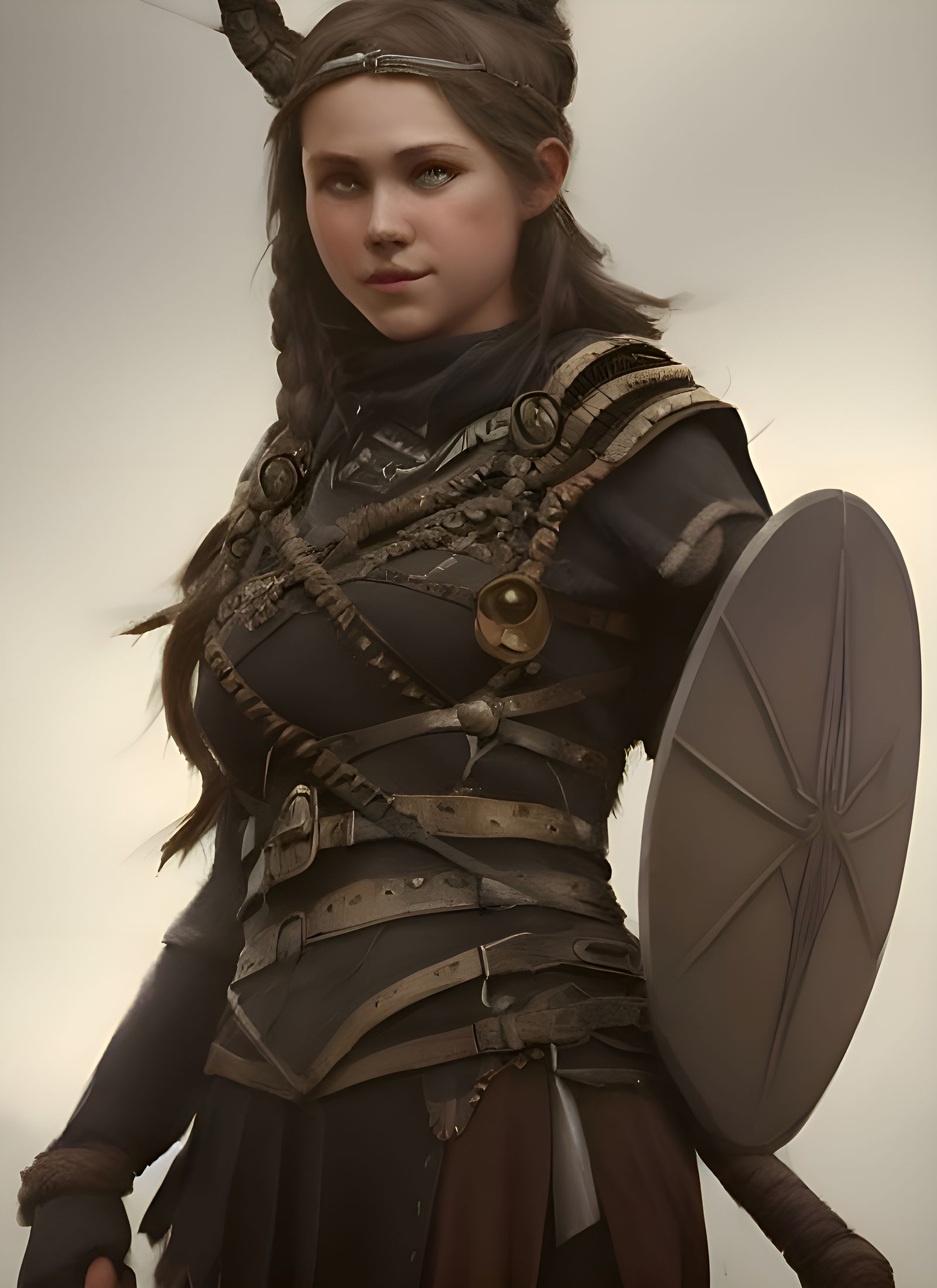 Girl with viking Valkyrie costume head and shoulders portrai...