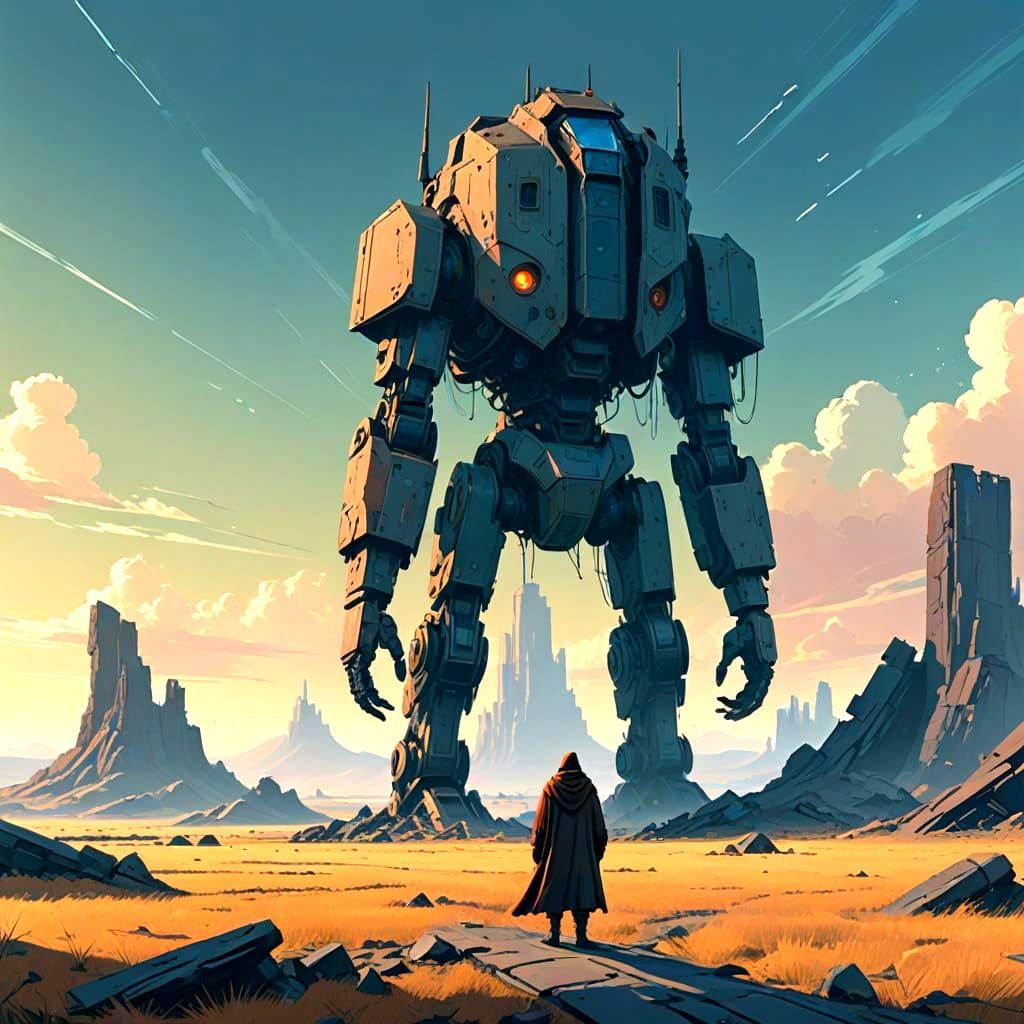 A solitary figure in a cloak stands on a desolate, windswept plain under a sky filled with colossal, ancient ruins. The figure is small agai...