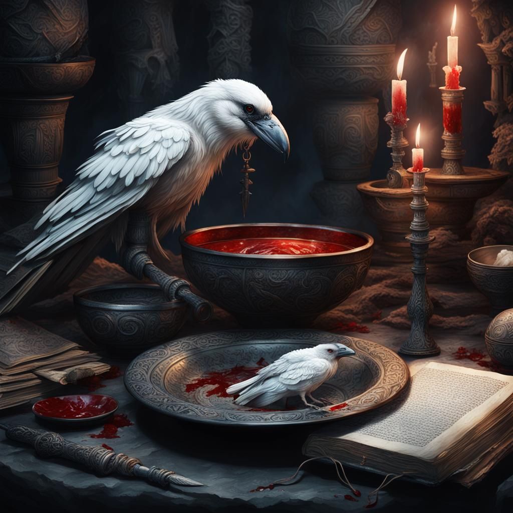 cover of the book, a drawn white raven with bloody feathers,...