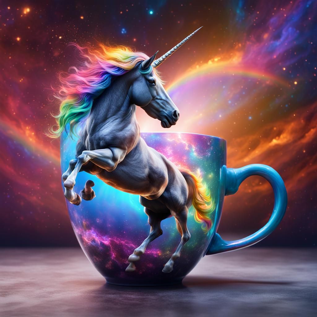 Ghilbi studio art;an epic surreal magic unicorn in a rainbow...