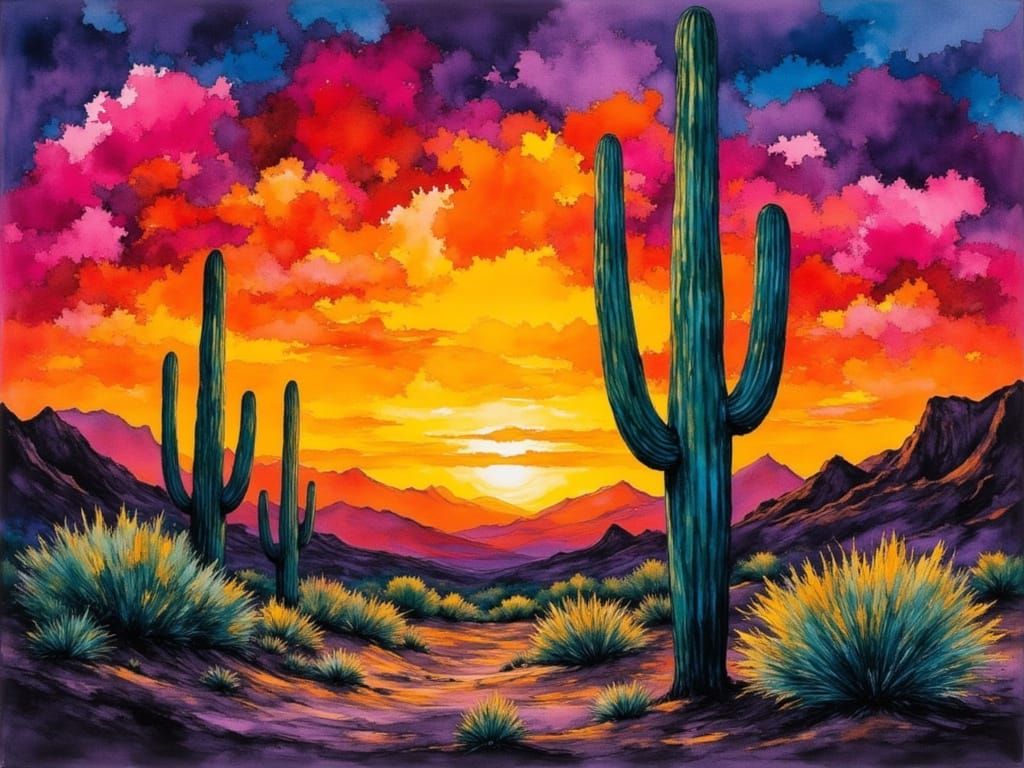 <lora:Visage:1.0> A red sunset in the Arizona desert, although primarily red and orange there will be purple and blue ti...