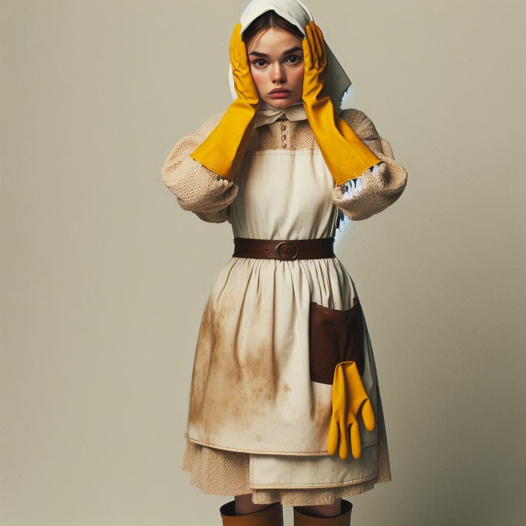 A petite woman in her 40ies cupping her head in her rubbergl...