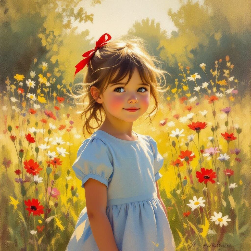 Little Girl in Sun-Dappled Meadow as Impressionistic Oil Pai...