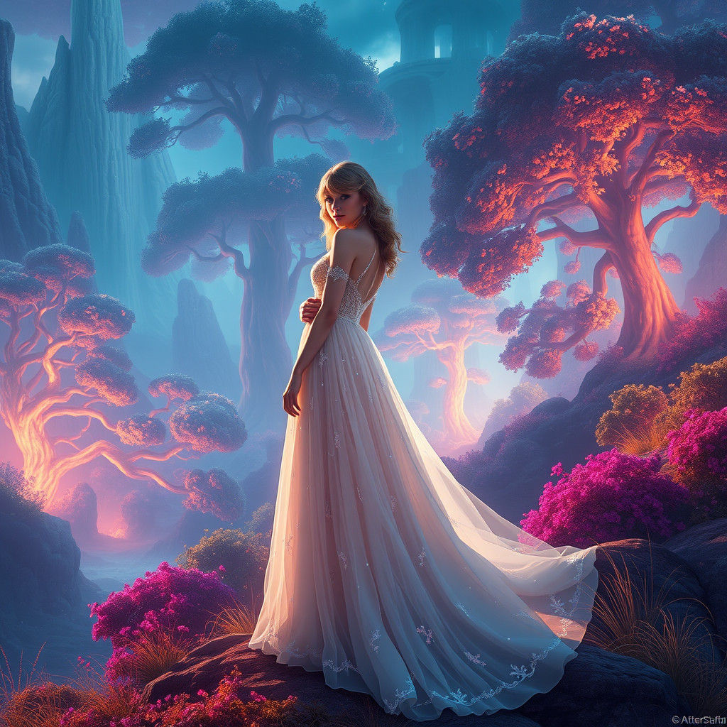 Ethereal Taylor Swift in Dreamlike Fantasy Landscape