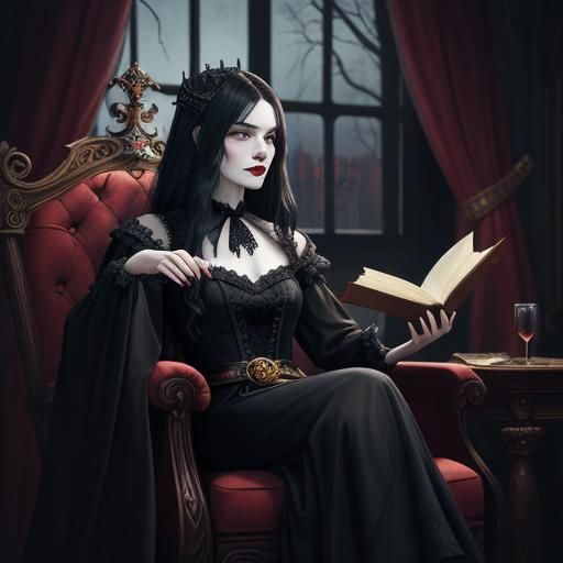 Regal sereine female vampire with long black hair, red lips,...