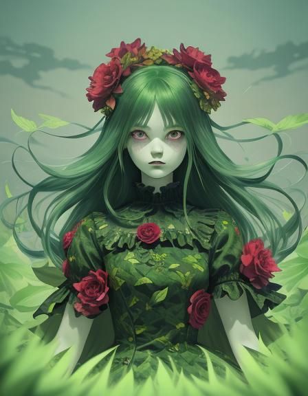 Monster doll woman with beautiful green leafs with flowers d...