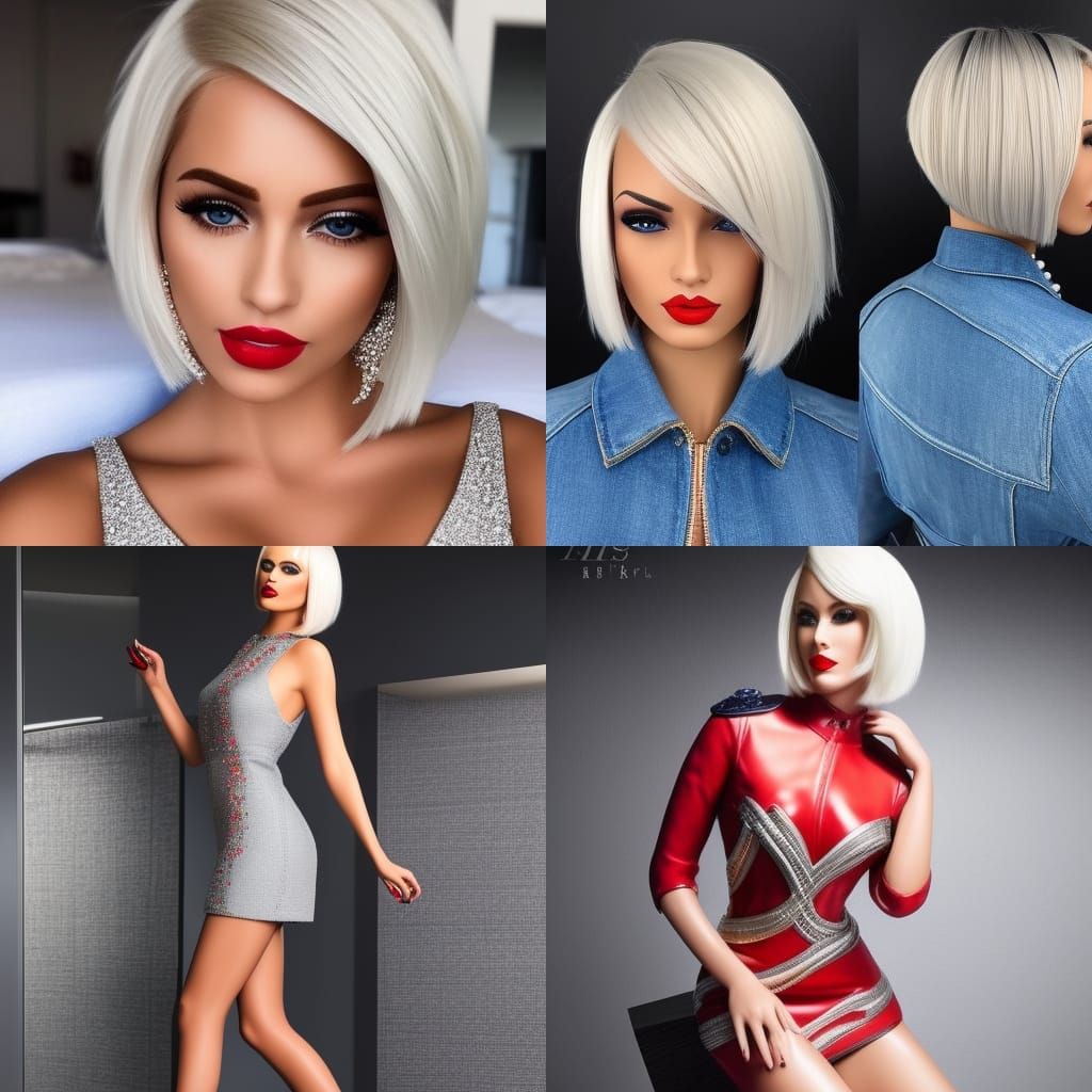 beautiful lady with a platinum blonde sharp bob hairstyle, wearing short  mini coatdress stands spreading legs, masterpiece, detailed fingers... - AI  Generated Artwork - NightCafe Creator