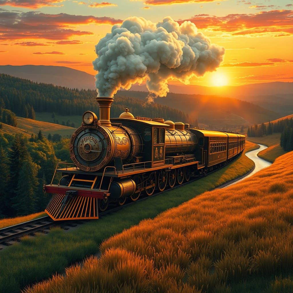 "A vintage, elegant steam train with a classic design, featuring sleek, polished metal and luxurious ...  by @Elviira 