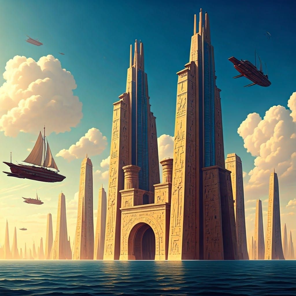 Ancient Meroe cityscape with majestic skyscrapers inspired by Meroitic architecture, featuring intricate ...  by @SidLee