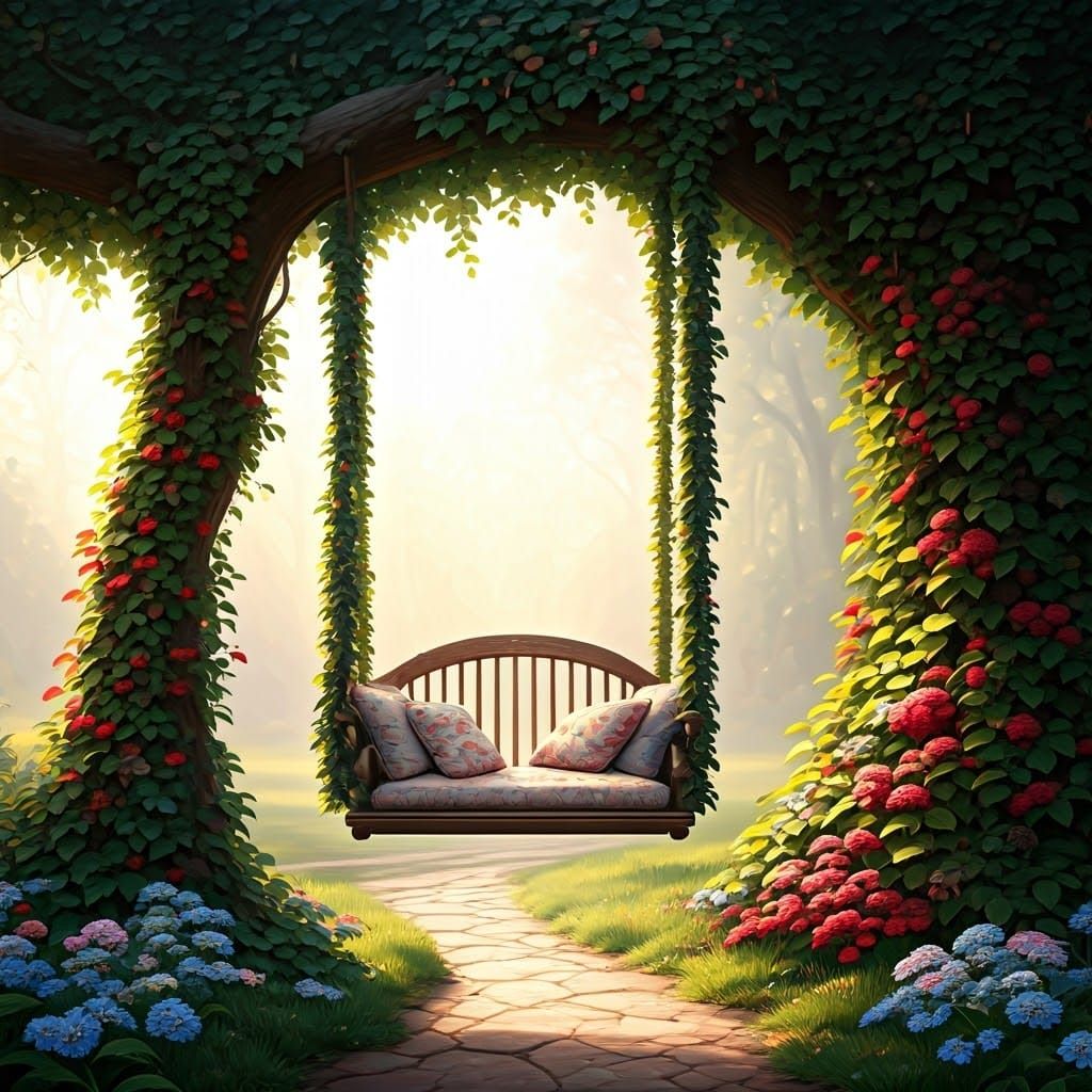 Flowering vines around a rustic wooden swing