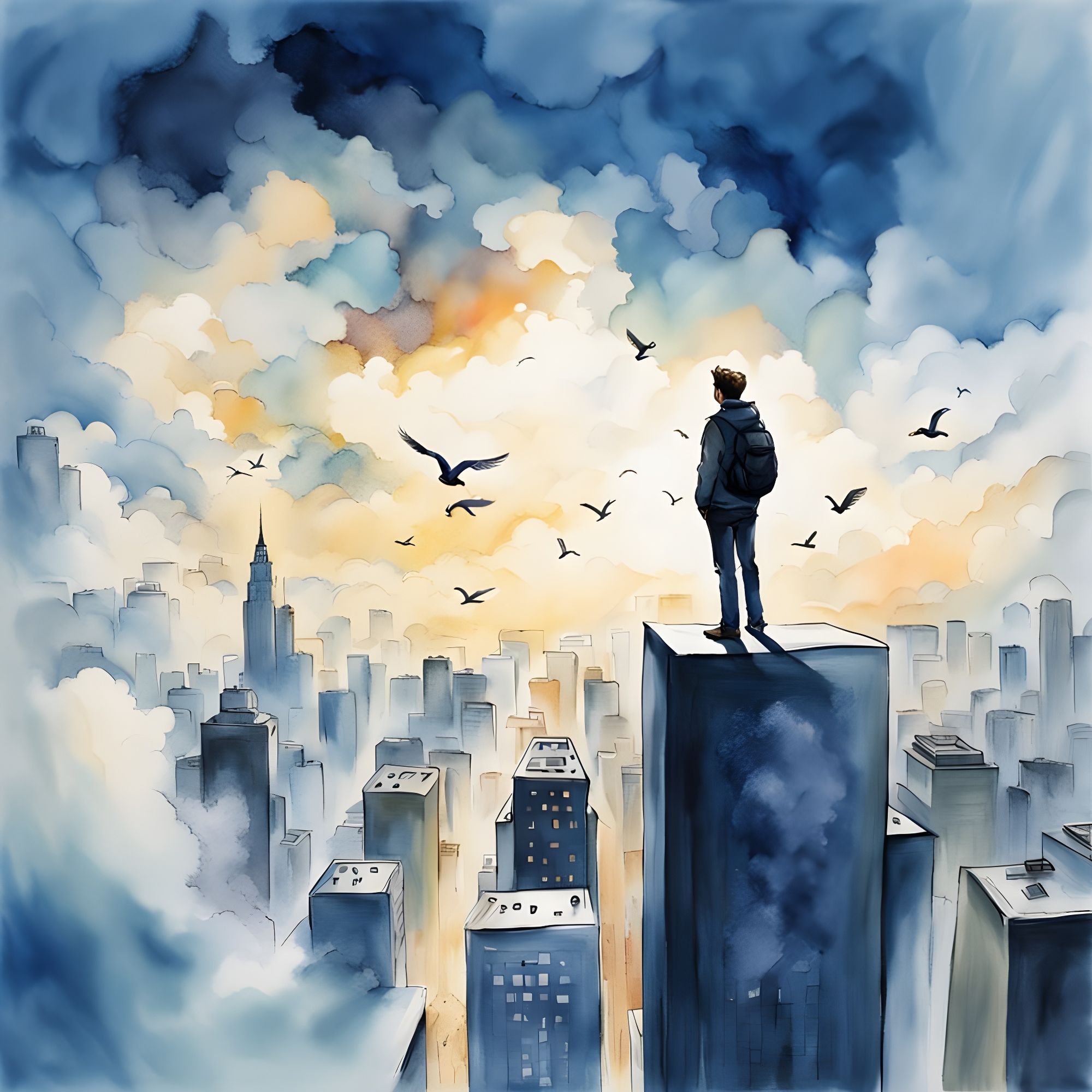 : vertigo A dizzying view from the steep edge of a skyscraper, looking down at the sprawling cityscape below, with cars and people appearing...