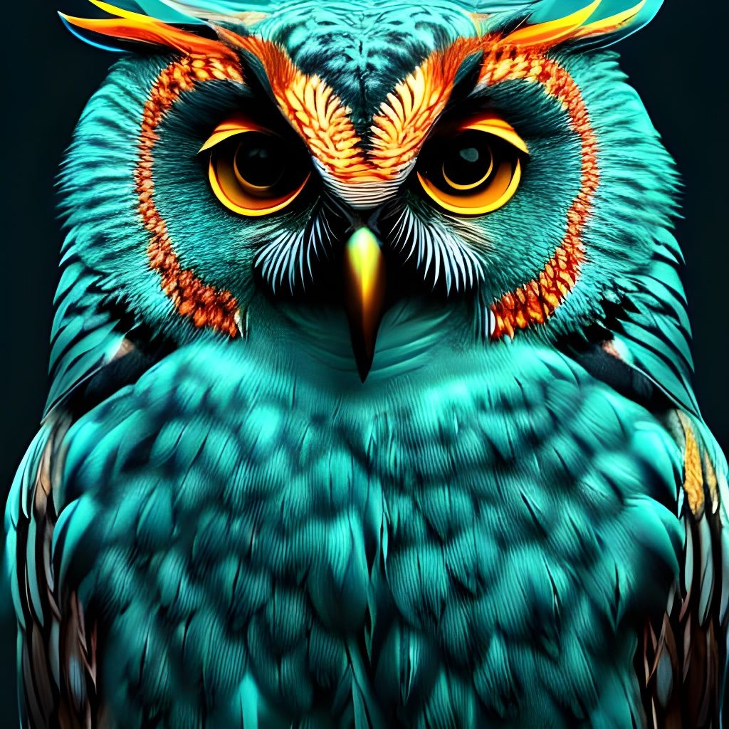 An close-up of an intricately detailed owl in teal blue and ...