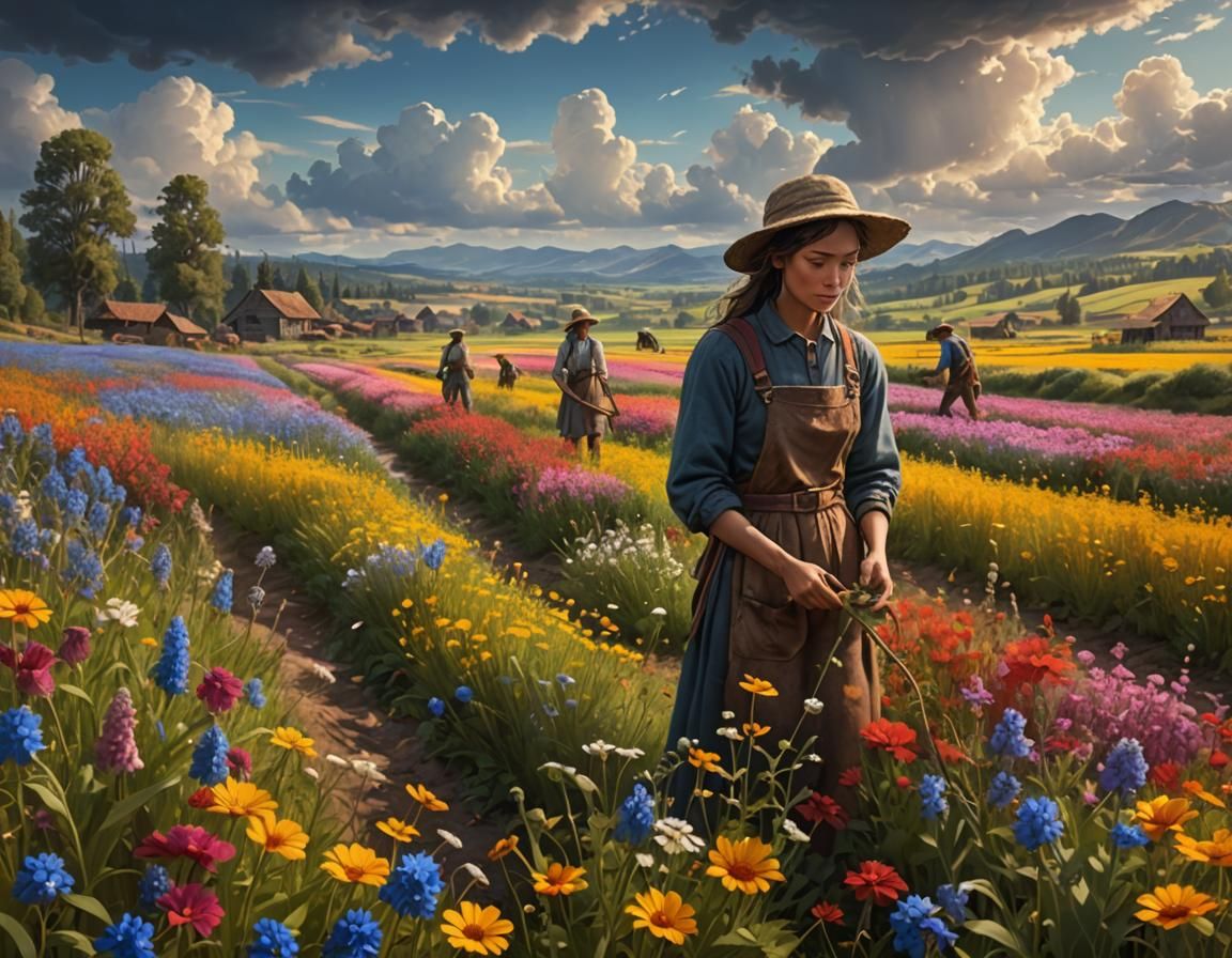 young girl picks wildflowers as peasant workers work the colourful fields behind and underneath dramatic ...  by @Runway Lights 