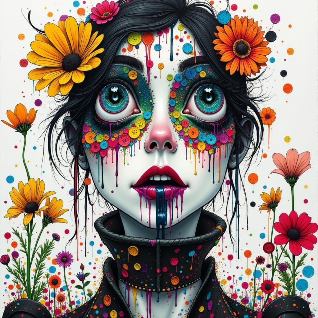 <lora:Kak-DrippingPortrait:1.0>strange, mixed media female, ink, dripping paint, flowers, colorful.