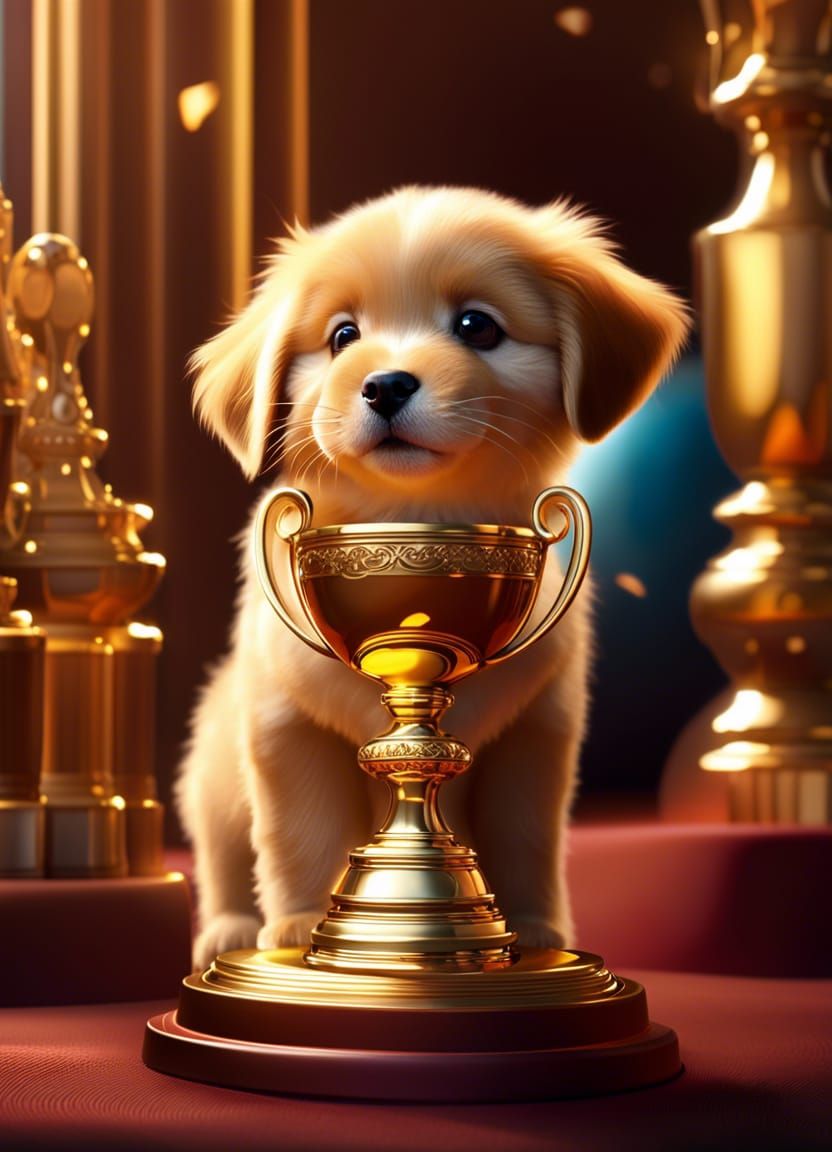 Cute and adorable little fluffy puppy inside a winning troph...
