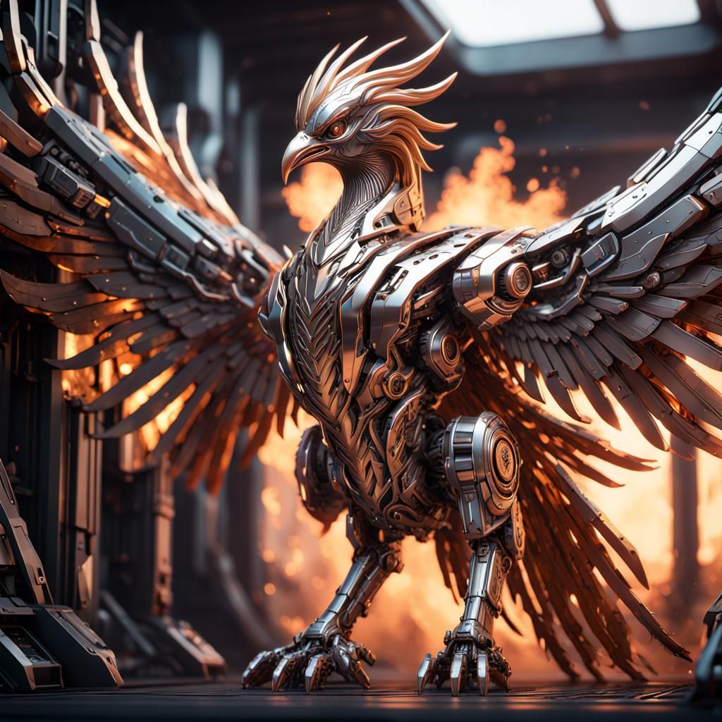Detailed metallic artwork of a phoenix:  by @Bobbles52