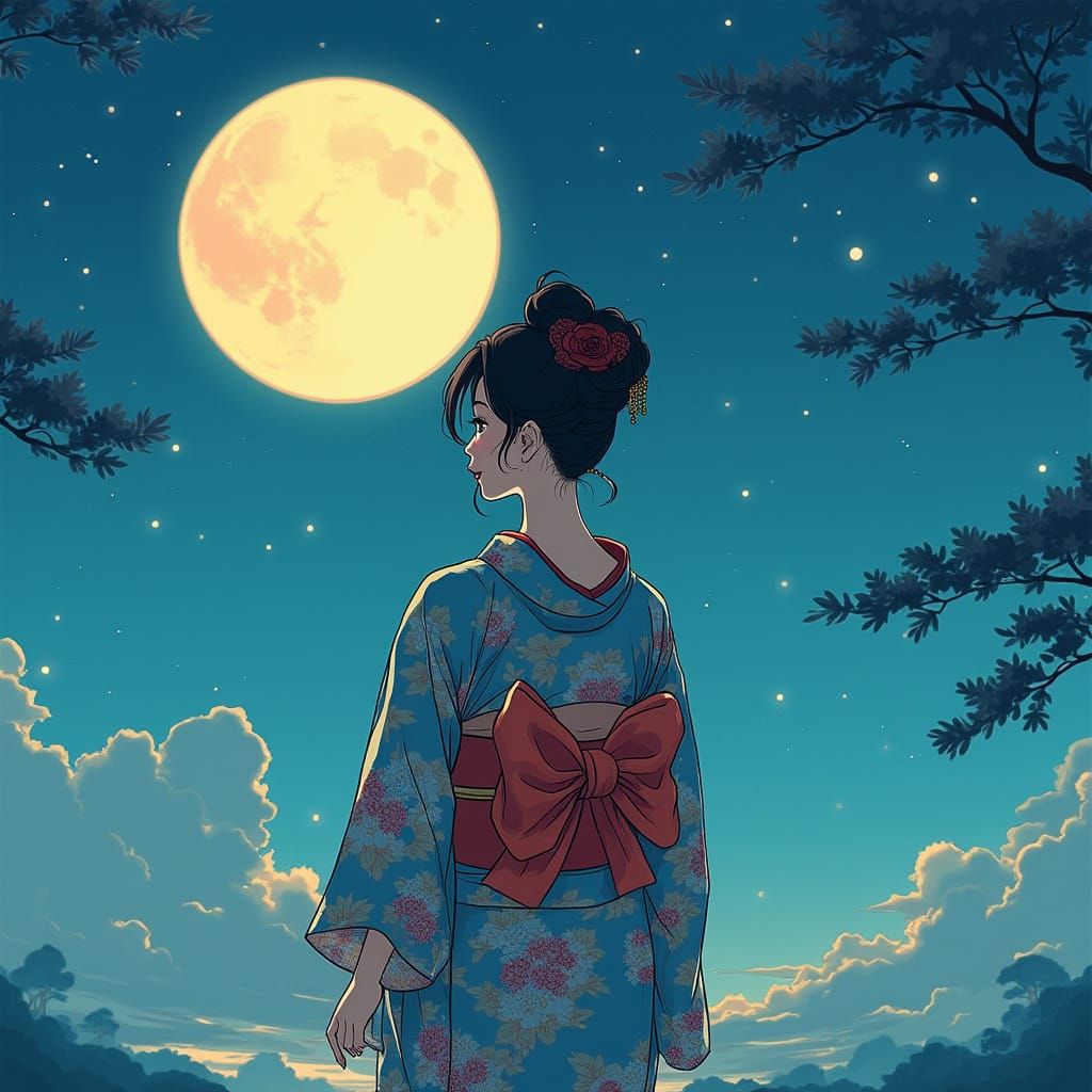 Dreamy Woman Under Full Moonlit Night Sky