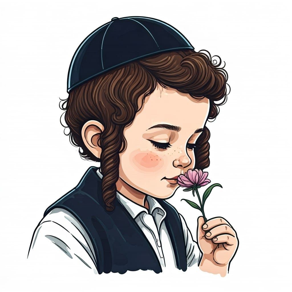 Boy Smelling Flower, Ink Sketch Style