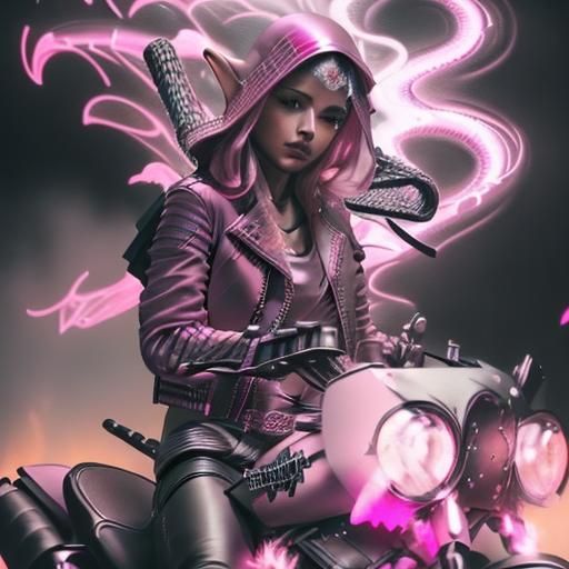 Dark <lora:Dark---Ghost Rider:1.0> fantasy elf wearing a (Pink leather jacket:1.5), rinding his Harly Davidson, shrouded in a veil of cosmic...
