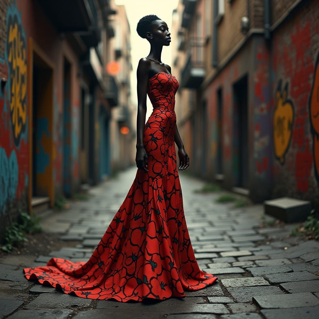 Elegant Woman in Elongated Cityscape