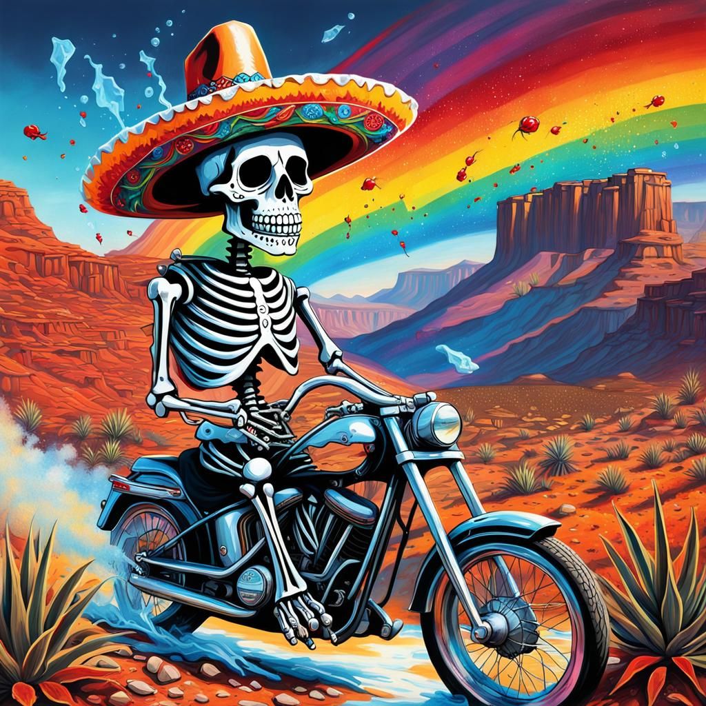 Chrome Day of the Dead Mexican skeleton with hot pepper somb...