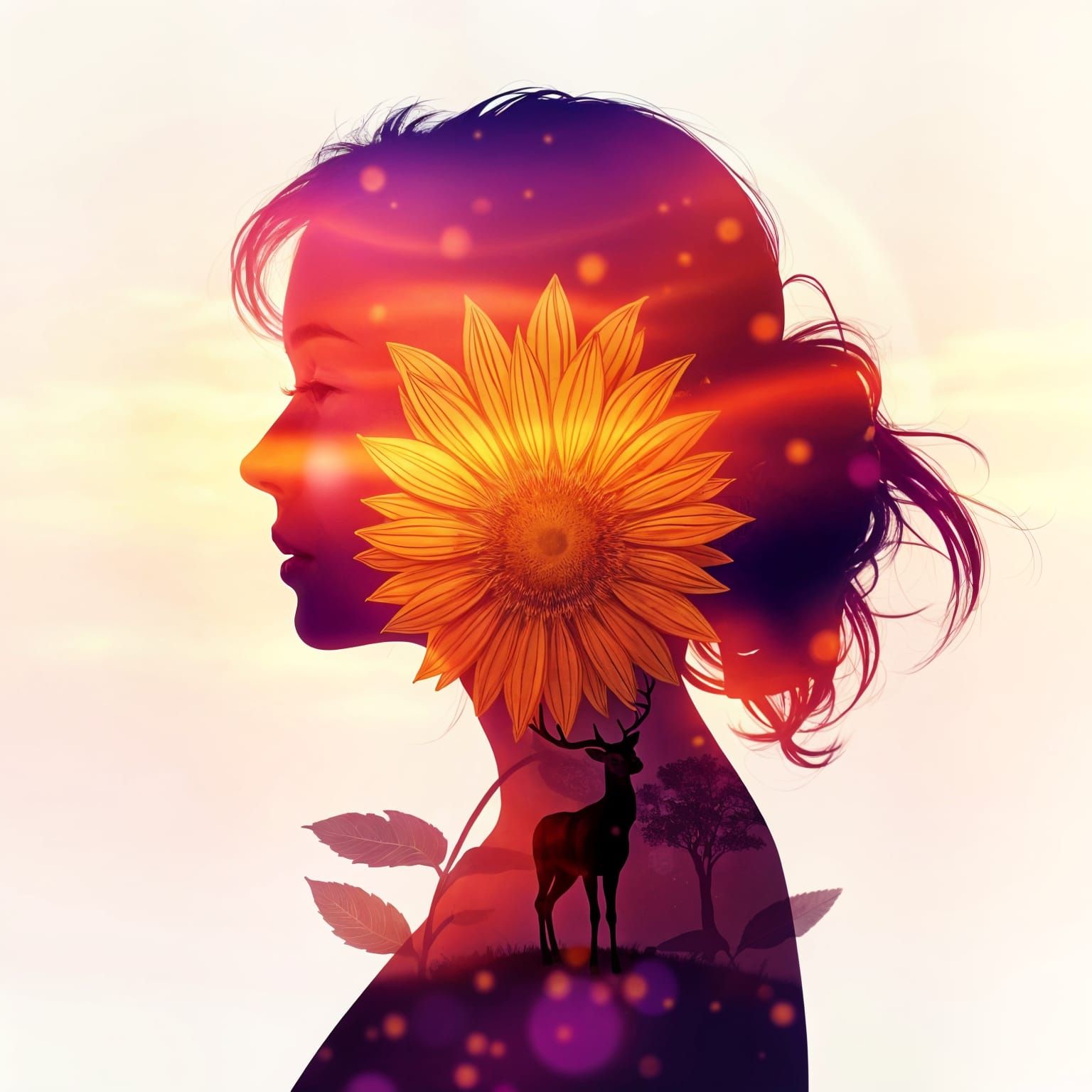 Double Exposure: Woman, Sunflower, Deer in Fantasy Silhouett...
