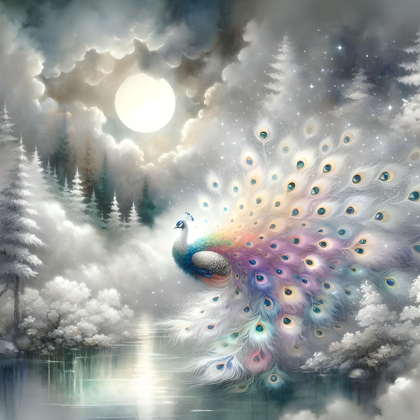 A beautiful rainbow coloured peacock, feathers spread out glowing in the moon light, in the style of ...  by @Irene