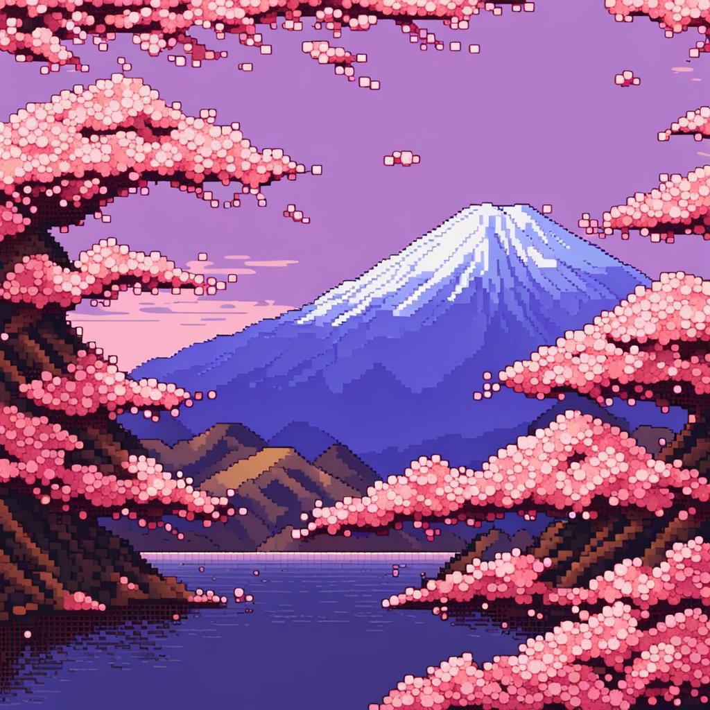 pixel art mount fuji blossoming plums petals - AI Generated Artwork ...