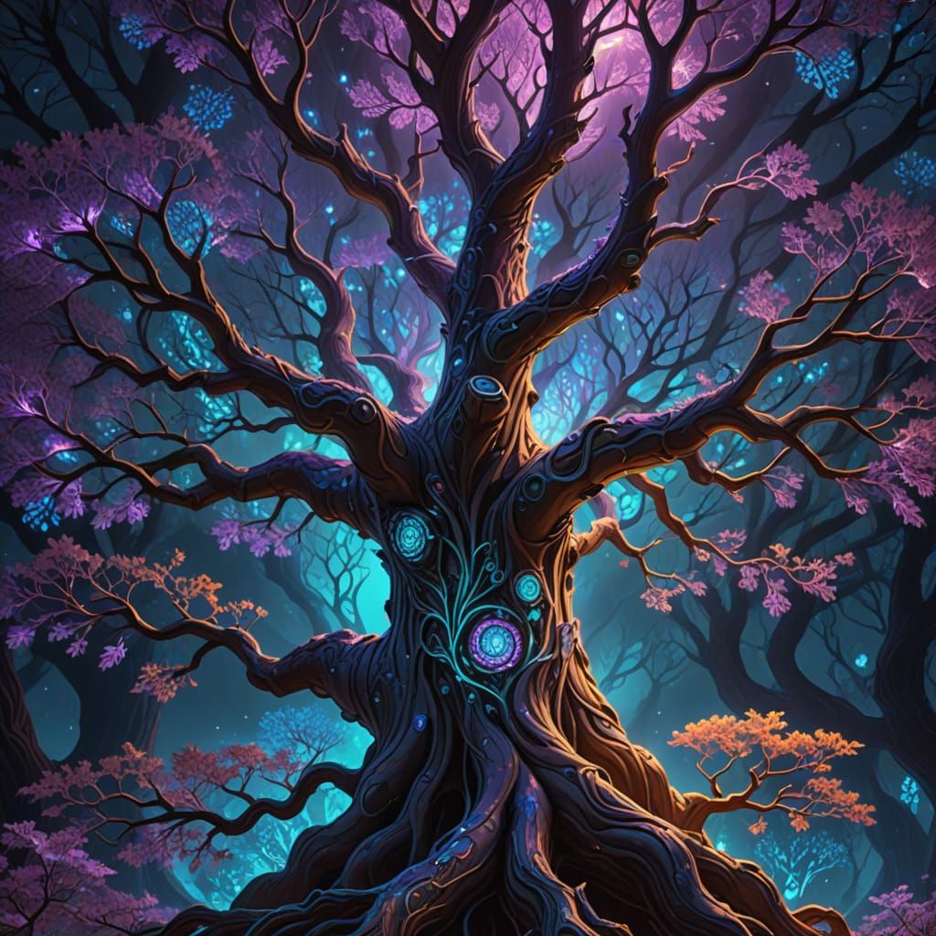 Futuristic Ancient Tree Glowing Neon Blue and Purple