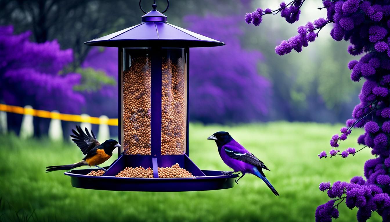 a large yard bird feeder with a  A purple Bunting and Baltim...