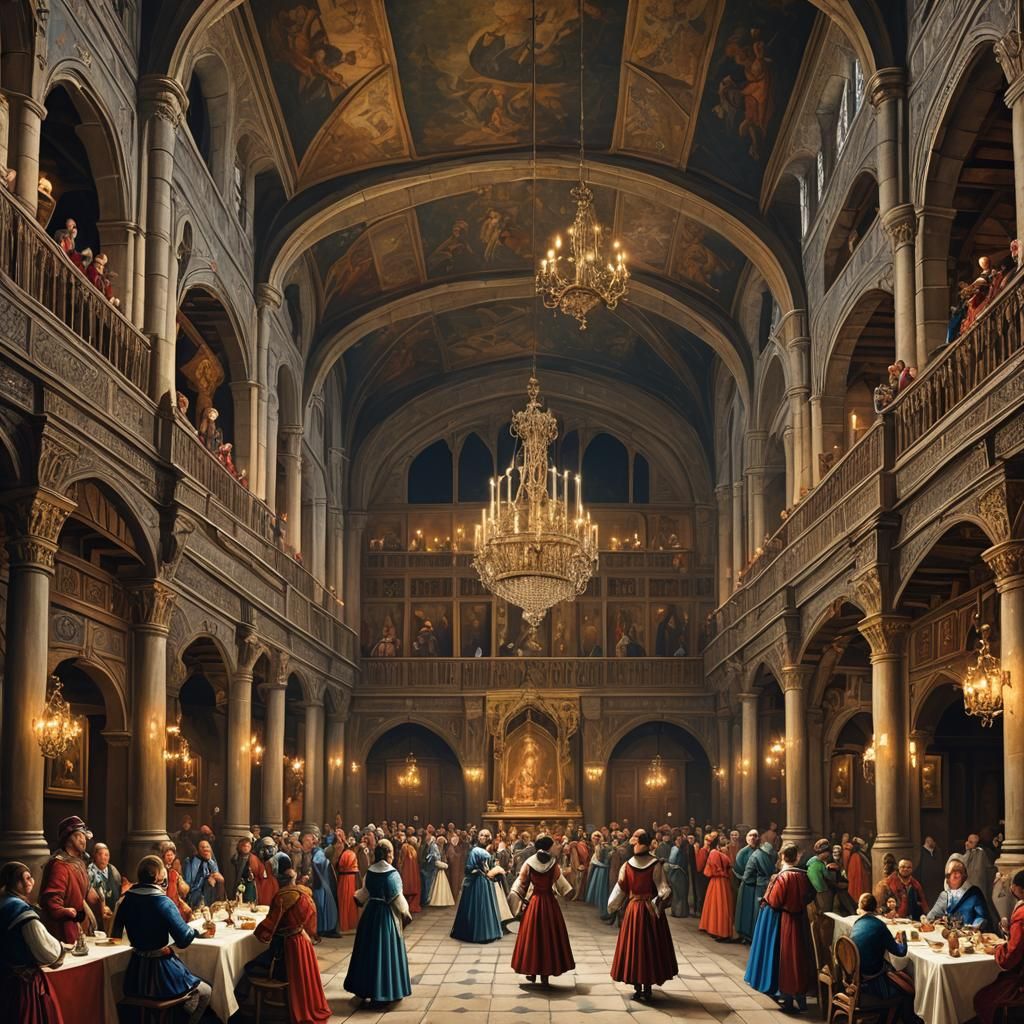 Intriguing scenes showcasing the royal banquets or courtly i...