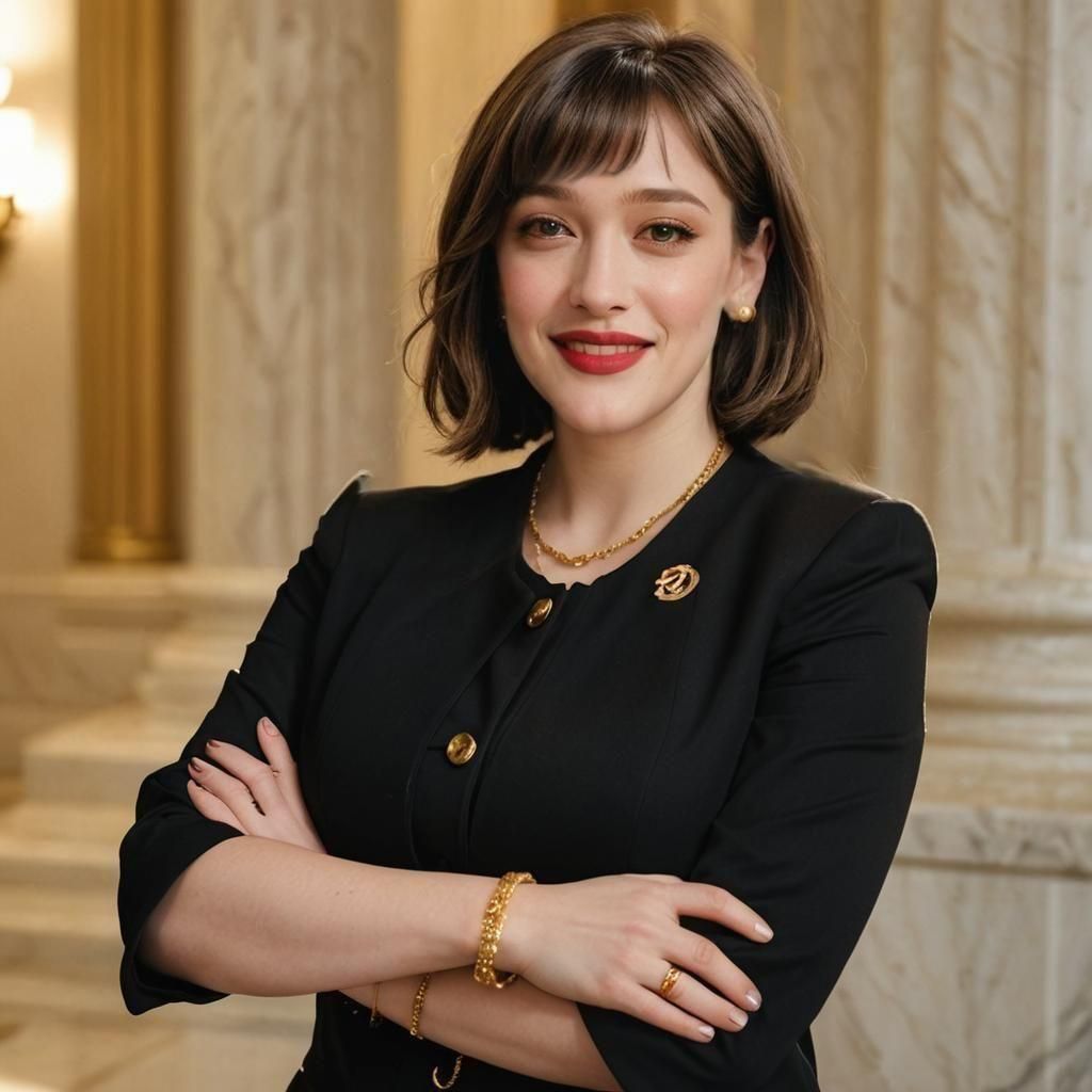 (concept: Kat Dennings with bangs and bob haircut), (arms crossed, smiling), black jacket, gold necklace, marble column background, professional photo...