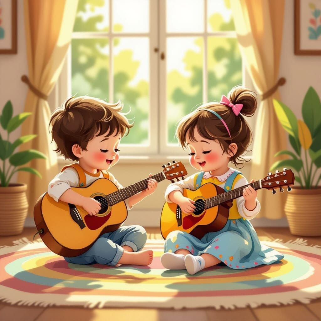 Babies Joyfully Play Guitar in Whimsical Storybook Style