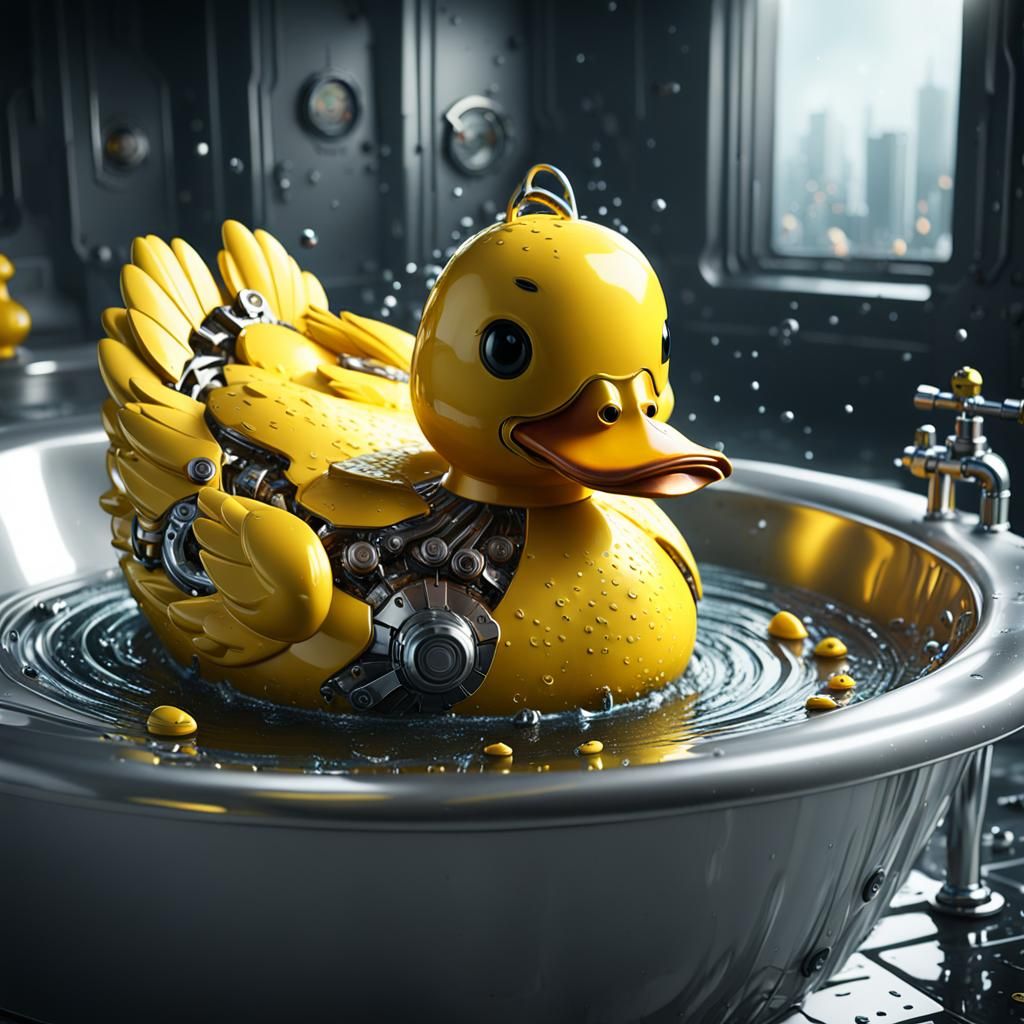 A hyper detailed yellow duck in a bathtub, "It's the rubber ...
