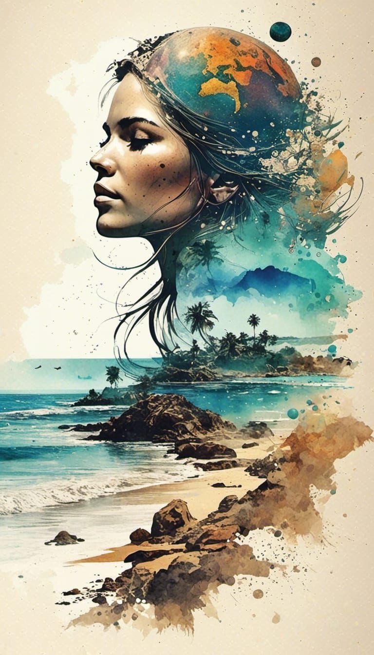 Beach+Head+Planets, double exposure splash art, watercolour ...