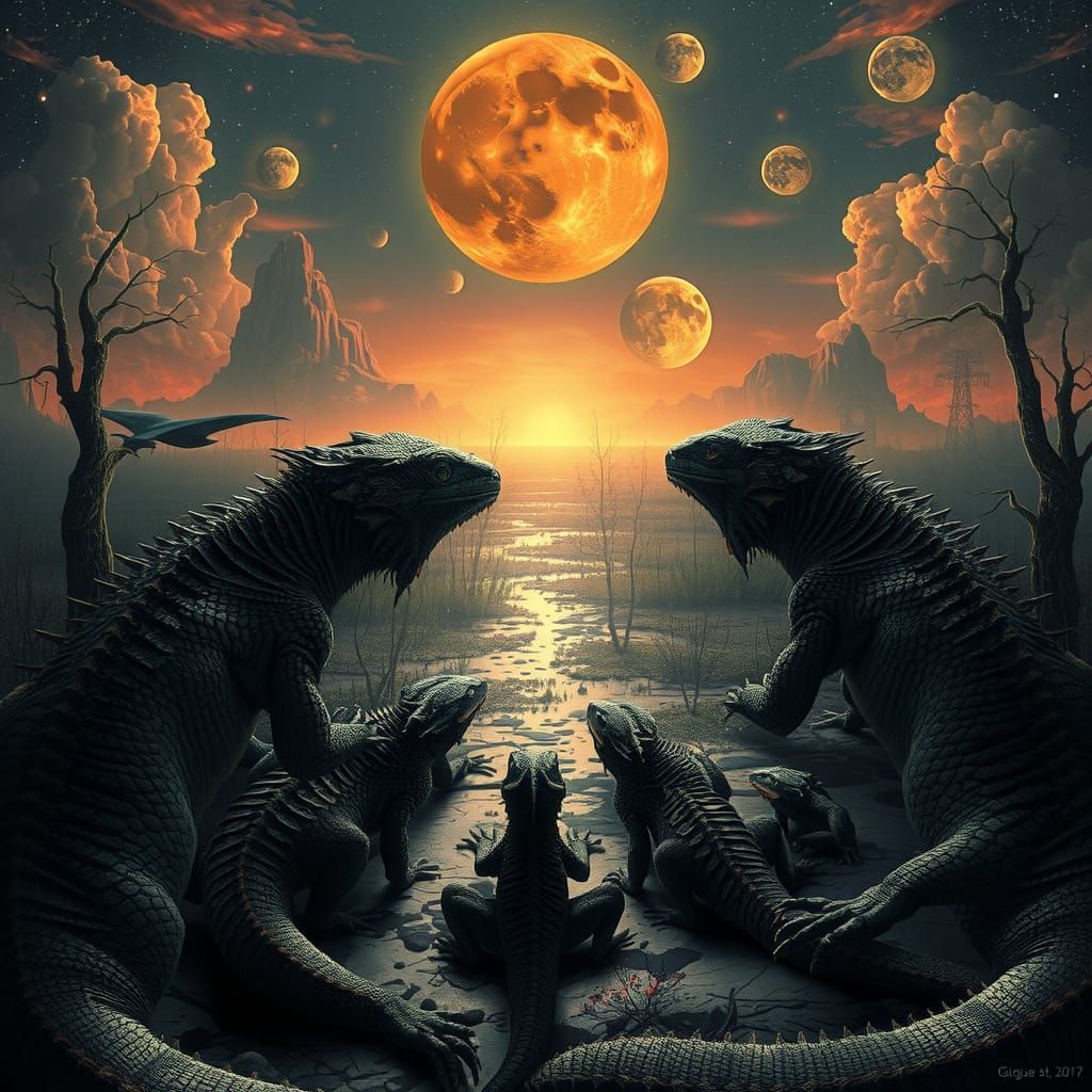 Two large komodo dragons with aztec markings looking out over a primordial swampscape with four tiny ...  by @DestinyFeld