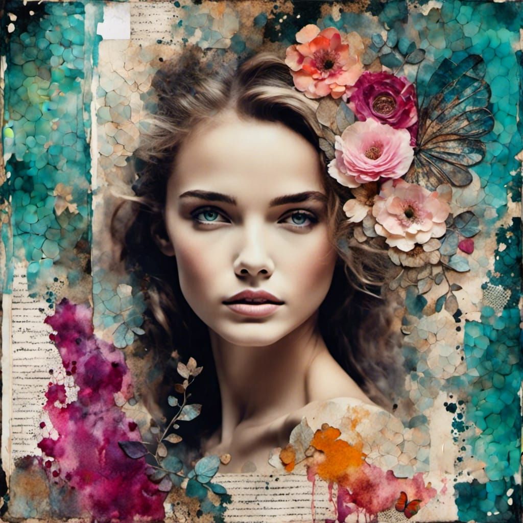 <lora:Art Journal:1.0> highly textured art journal, mixed media encaustic painting; mix of painting, photography, and digital art, transpare...