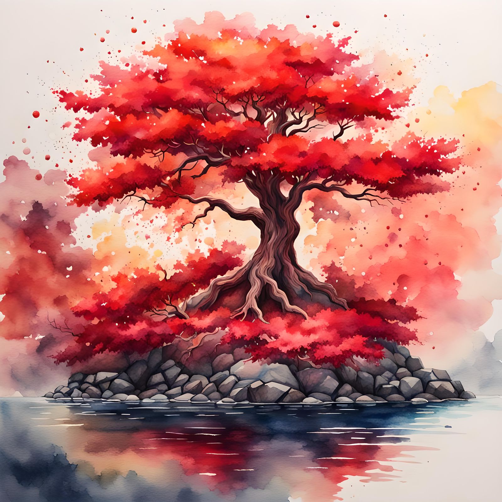red tree on a small island, watercolor