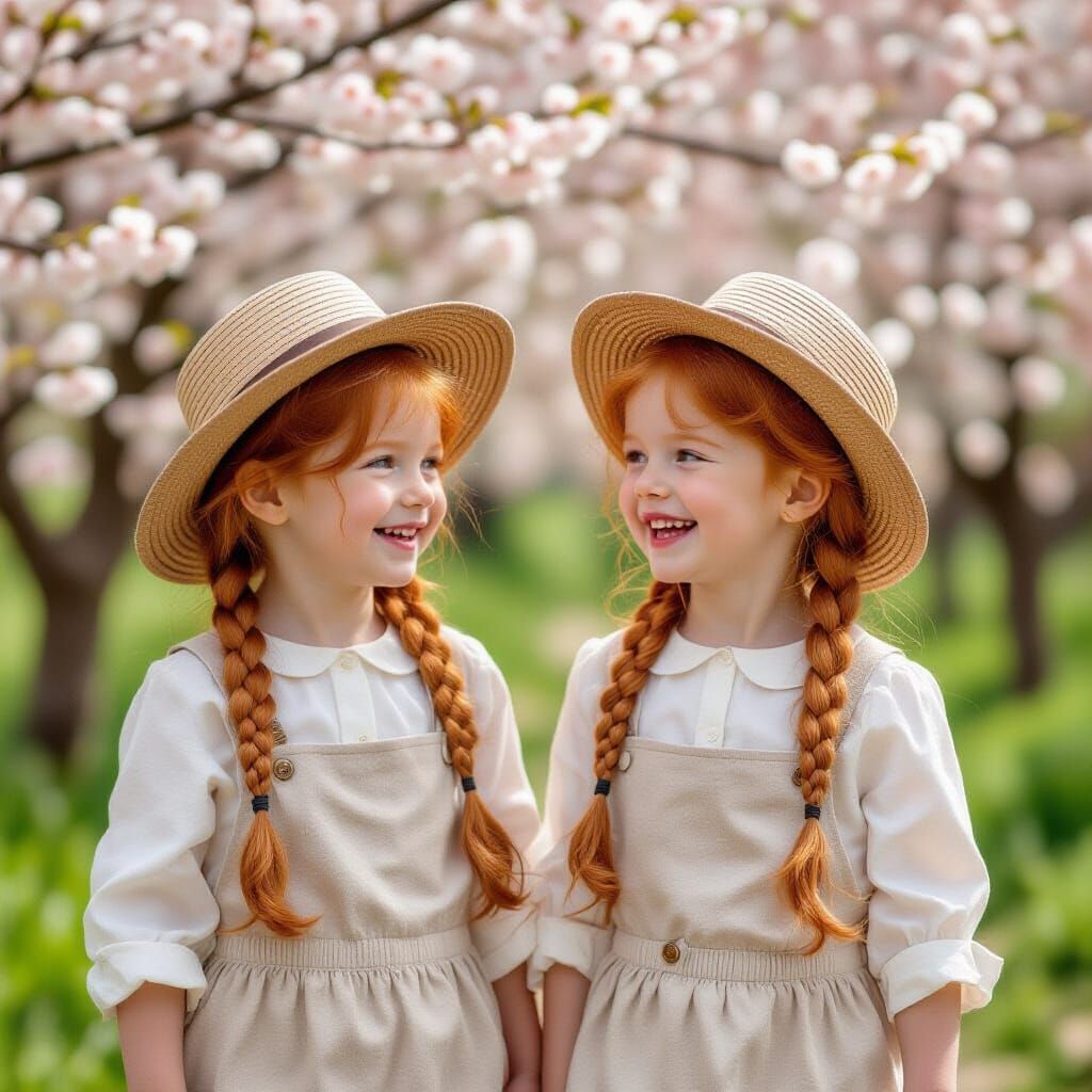 Twin Ginger Girls Laughing Among Almond Blossoms