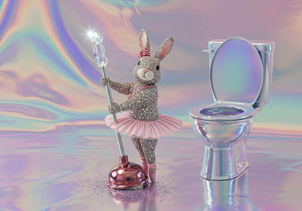 Crystal ballerina bunny dances in bathroom