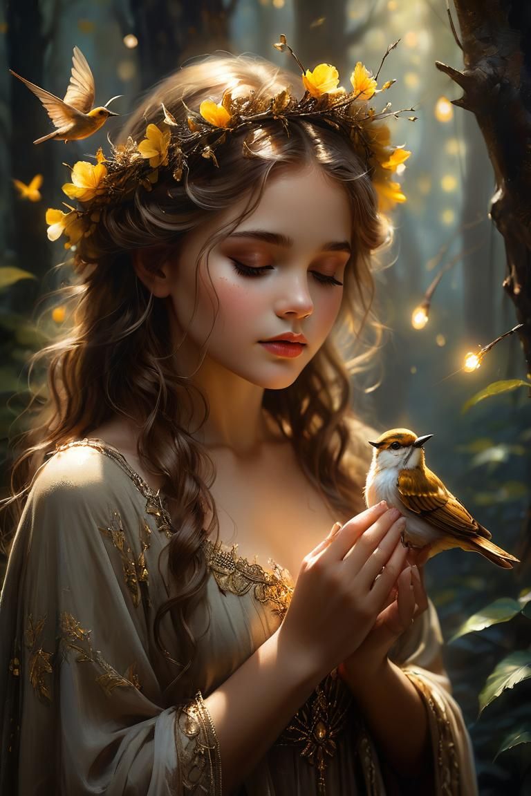 enchanting fantasy young Forest Princess wearing natural forest clothing with a forest crown looking at a bird resting o...