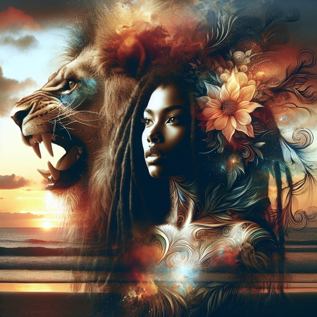 Mystical Double Exposure: Lion, Woman, Sunset