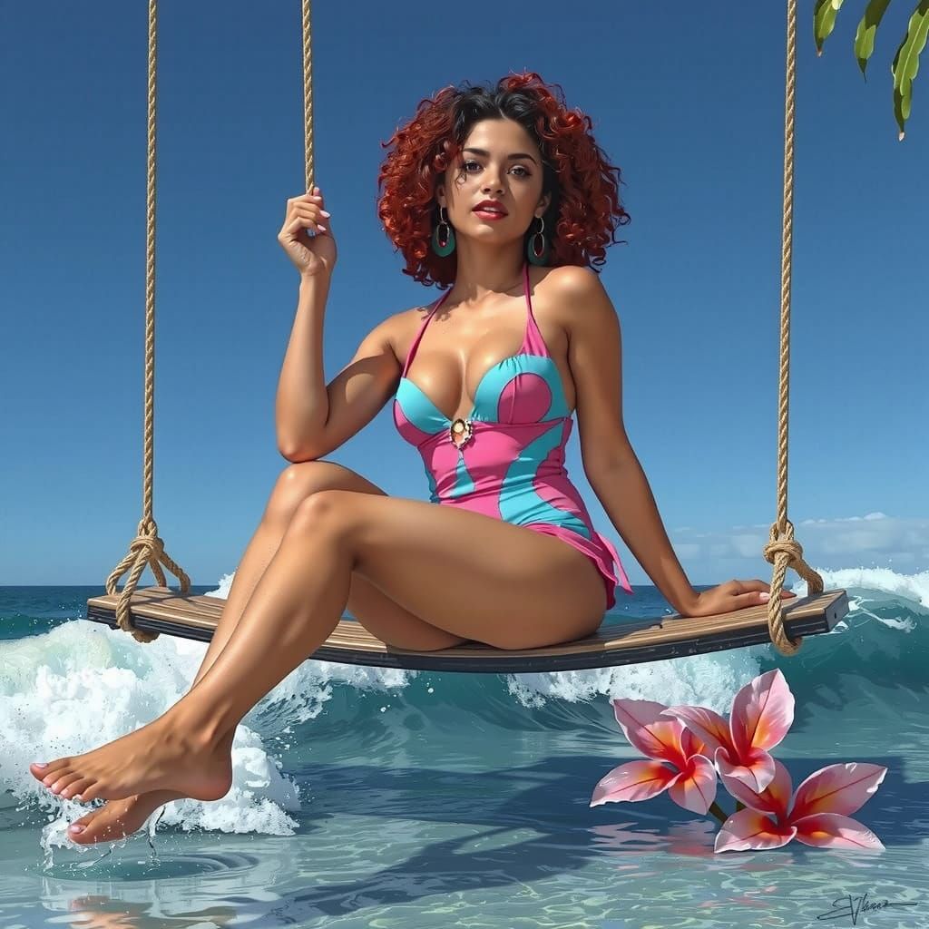 she is swinging above the wavy ocean.