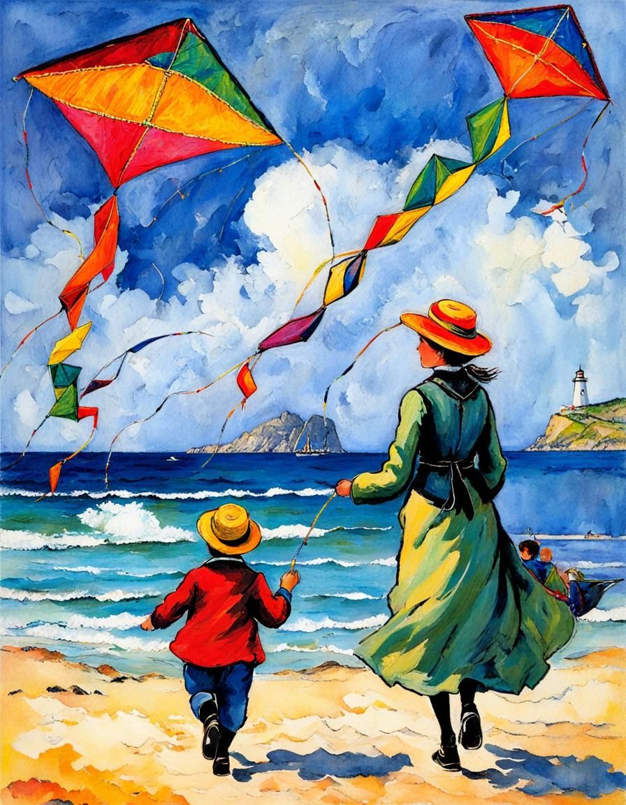 A beautiful stylish woman with two boys walking near the seashore, ((the boys are Flying colorful Kites ...  by @EllisWhite