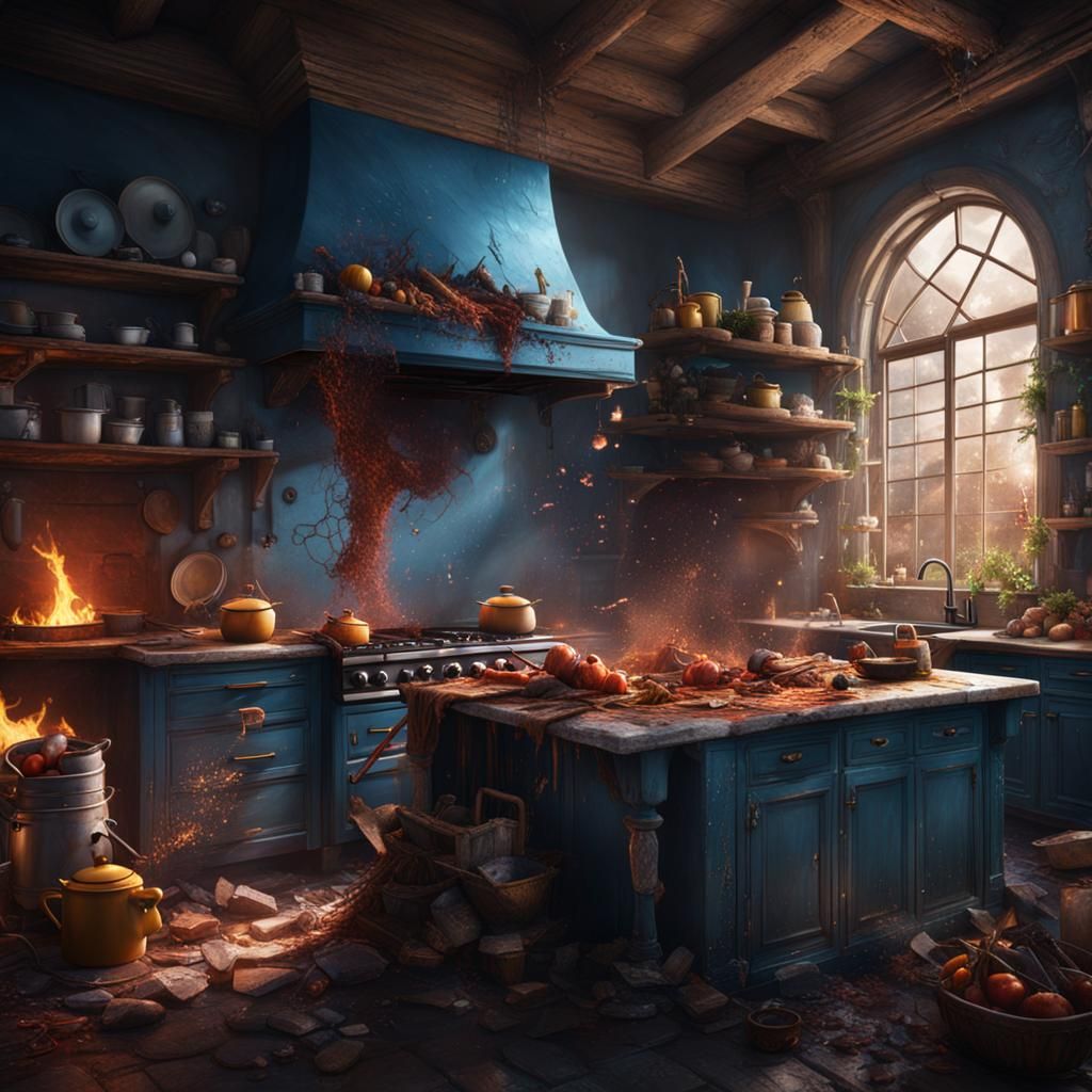 wizards destroying a kitchen