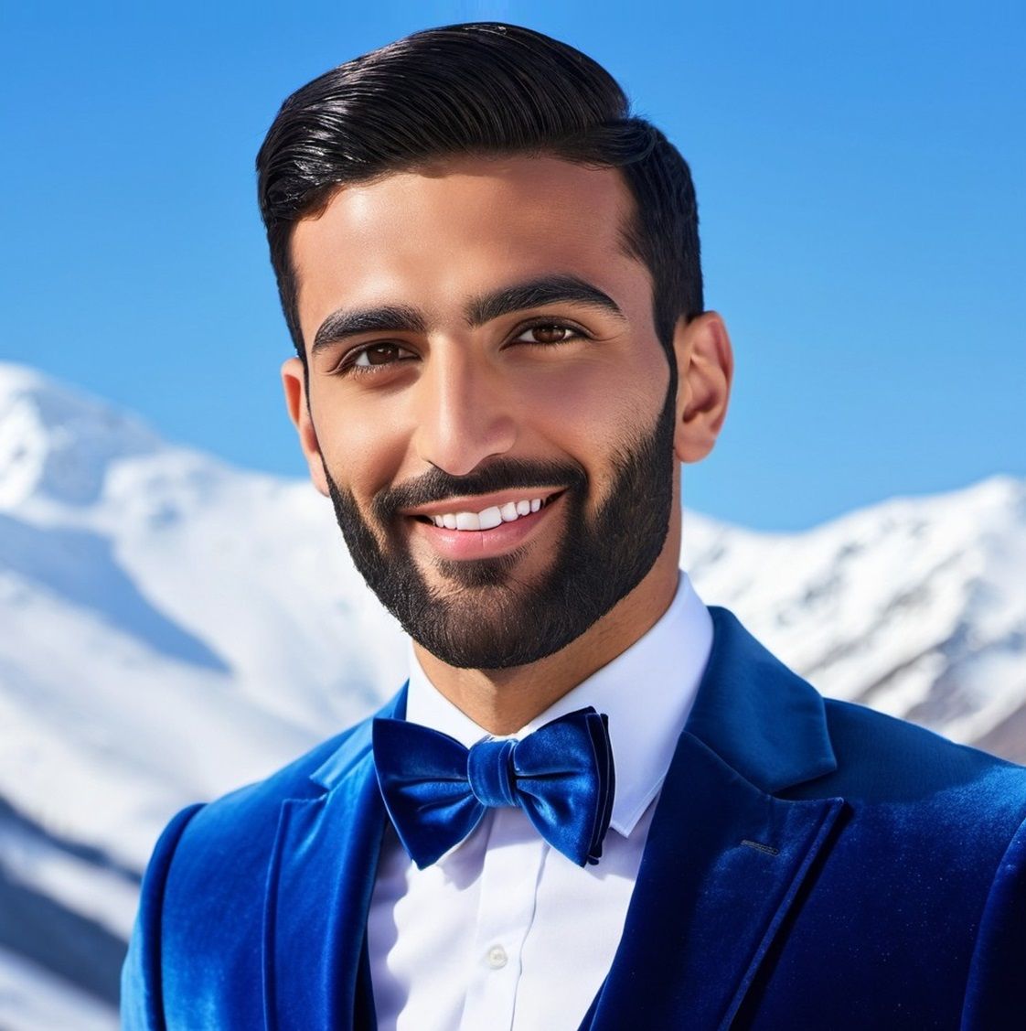 A cute bearded man wearing a blue velvet suit with a bow tie